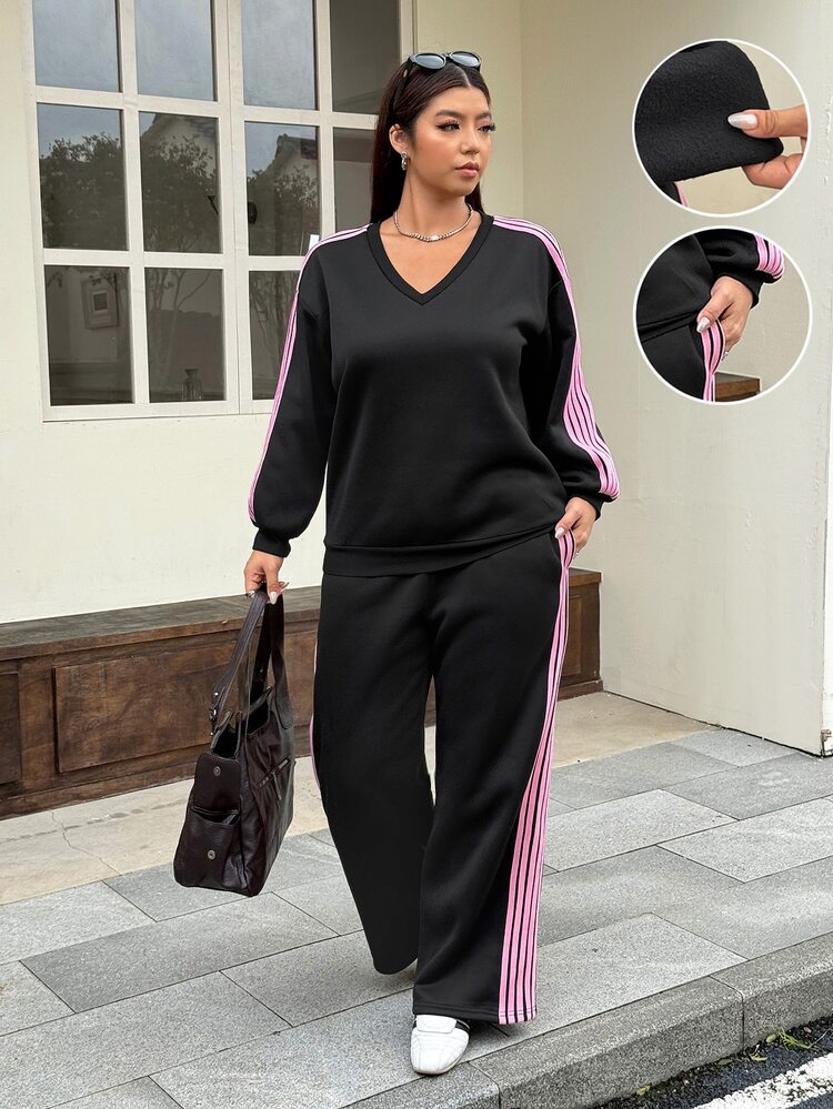 Muchica Plus-Size Women's V-Neck Color-Blocked Long-Sleeved Sweatshirt And Pants Casual Sporty Two Pieces Set, With Striped Side Trim And Pocket Design Autumn. - Black - View 3