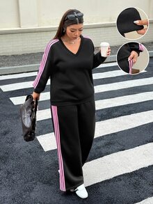 Muchica 大尺碼女款 V 領撞色長袖運動衫與長褲休閒運動兩件套，側邊條紋飾邊與口袋設計，適合秋季 - 黑色 - 查看 5