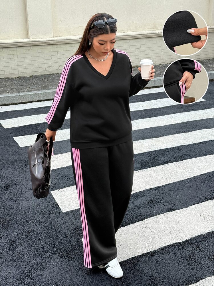 Muchica Plus-Size Women's V-Neck Color-Blocked Long-Sleeved Sweatshirt And Pants Casual Sporty Two Pieces Set, With Striped Side Trim And Pocket Design Autumn. - Black - View 5