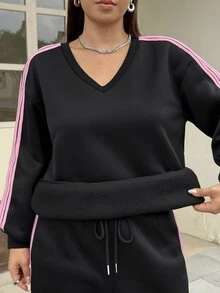 Muchica 大尺碼女款 V 領撞色長袖運動衫與長褲休閒運動兩件套，側邊條紋飾邊與口袋設計，適合秋季 - 黑色 - 查看 7