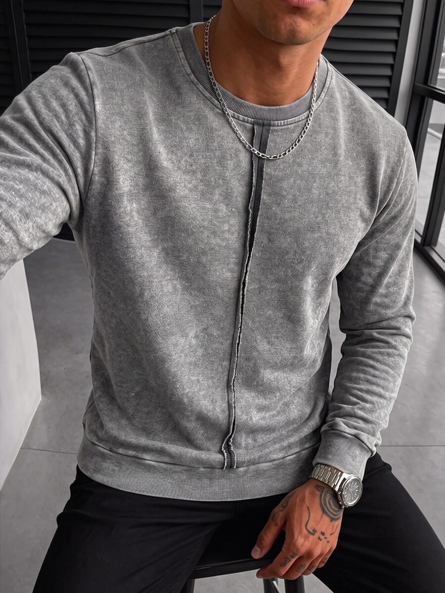 Manfinity CasualCool Men's Crew Neck Long Sleeve Casual Distressed Pullover Sweatshirt - Grey - View 1