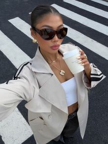 Muchica 卡其色風衣外套，黑色條紋飾邊，優雅休閒冬季度假女款長版雙排扣夾克，商務基礎時尚層搭外套 - 杏色 - 查看 8