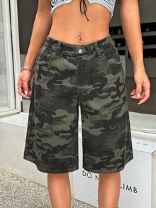 SHEIN PETITE 女款迷彩牛仔短褲 低腰及膝百慕達短褲 夏季 Y2K 休閒街頭風，適合嬌小女性 - 彩色 - 查看 3