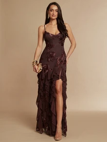 Silquee Elegant Party Floral Embroidered Ruffle Trim Criss-Cross Tie Backless Spaghetti Strap Dress - Brown - View 2