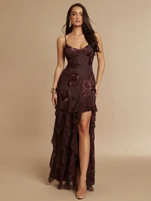 Silquee Elegant Party Floral Embroidered Ruffle Trim Criss-Cross Tie Backless Spaghetti Strap Dress - Brown - View 6