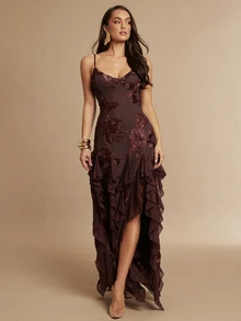 Silquee Elegant Party Floral Embroidered Ruffle Trim Criss-Cross Tie Backless Spaghetti Strap Dress - Brown - View 5