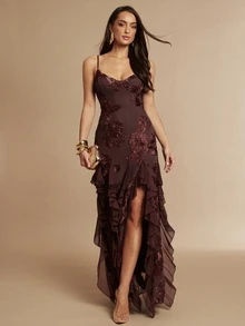 Silquee Elegant Party Floral Embroidered Ruffle Trim Criss-Cross Tie Backless Spaghetti Strap Dress - Brown - View 4