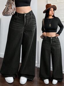 Dripcurv Plus Size Casual Loose Straight Leg Khaki Jeans Fall And Winter Denim Halloween Wide Fashionable Solid Retro Washed Vintage Oversized - Black - View 2