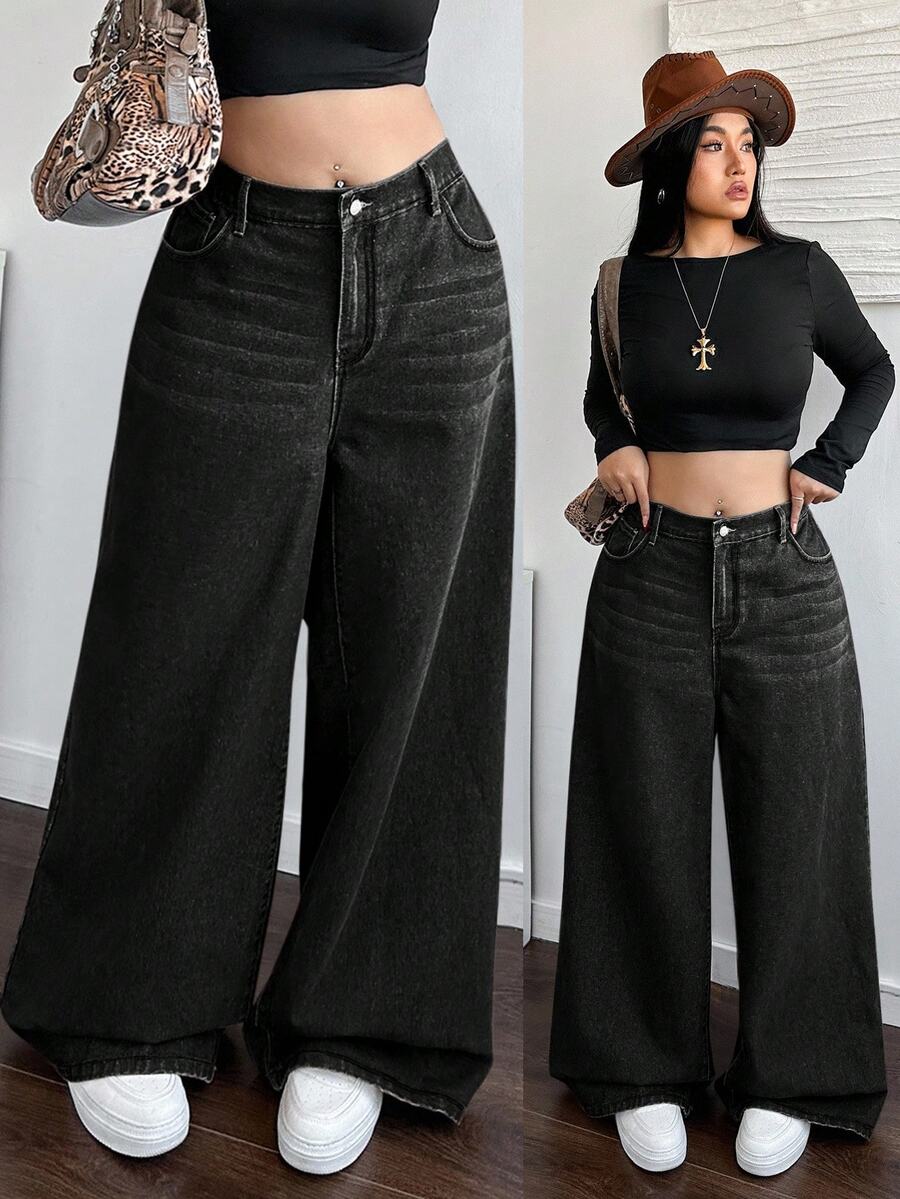 Dripcurv Plus Size Casual Loose Straight Leg Khaki Jeans Fall And Winter Denim Halloween Wide Fashionable Solid Retro Washed Vintage Oversized