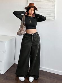 Dripcurv Plus Size Casual Loose Straight Leg Khaki Jeans Fall And Winter Denim Halloween Wide Fashionable Solid Retro Washed Vintage Oversized - Black - View 3