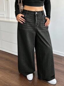 Dripcurv Plus Size Casual Loose Straight Leg Khaki Jeans Fall And Winter Denim Halloween Wide Fashionable Solid Retro Washed Vintage Oversized - Black - View 6