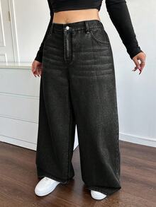 Dripcurv Plus Size Casual Loose Straight Leg Khaki Jeans Fall And Winter Denim Halloween Wide Fashionable Solid Retro Washed Vintage Oversized - Black - View 4