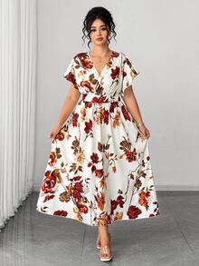 Elenzga Gaun Panjang Model A-Line Elegan Ukuran Plus dengan Motif Bunga Warna-warni, Model Silang di Bagian Dada, Leher V, Ruffle, Lengan Pendek, dan Pinggang yang Dikencangkan, Cocok untuk Acara Santai, Kencan, Kumpul-kumpul, Liburan, dan Pesta. - MultiWarna - View 8