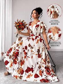 Elenzga Gaun Panjang Model A-Line Elegan Ukuran Plus dengan Motif Bunga Warna-warni, Model Silang di Bagian Dada, Leher V, Ruffle, Lengan Pendek, dan Pinggang yang Dikencangkan, Cocok untuk Acara Santai, Kencan, Kumpul-kumpul, Liburan, dan Pesta. - MultiWarna - View 1