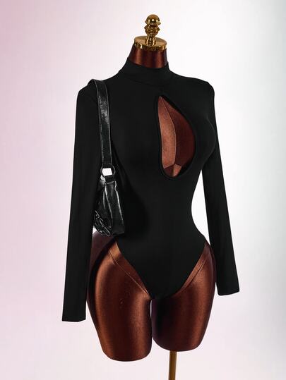 Amplova Y2k Women's Black Sexy Fashionable Sexy Solid Color Hollow Out Bodysuit,Party Dresses For Women