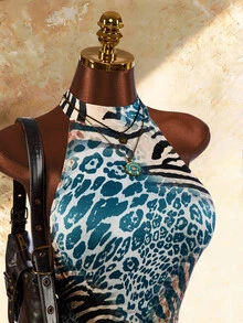 Amplova Summer Y2k Women's Going Out Sexy Festival Party Beach Wedding Graduation Club Country Prom Backless Leopard Print Bodycon Halter Neck Criss-Cross Backless Mini Dress - Multicolor - View 7