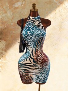 Amplova Summer Y2k Women's Going Out Sexy Festival Party Beach Wedding Graduation Club Country Prom Backless Leopard Print Bodycon Halter Neck Criss-Cross Backless Mini Dress - Multicolor - View 12