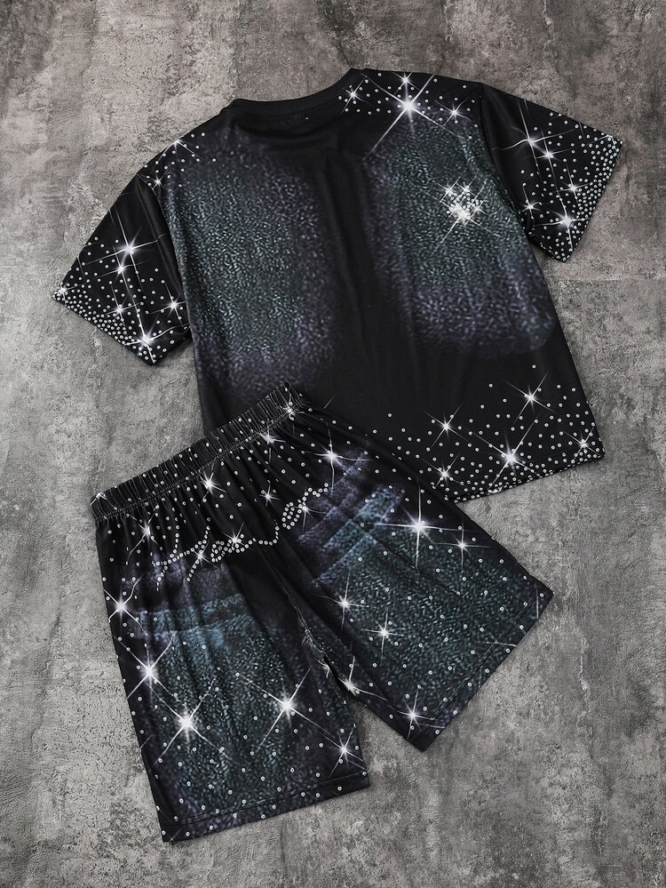 2pcs Teen Boys Casual Minimalist T-Shirt Set, Classic Cool Star & Sparkling Pearl Print, Suitable For Streetwear, Y2k - Black - View 2
