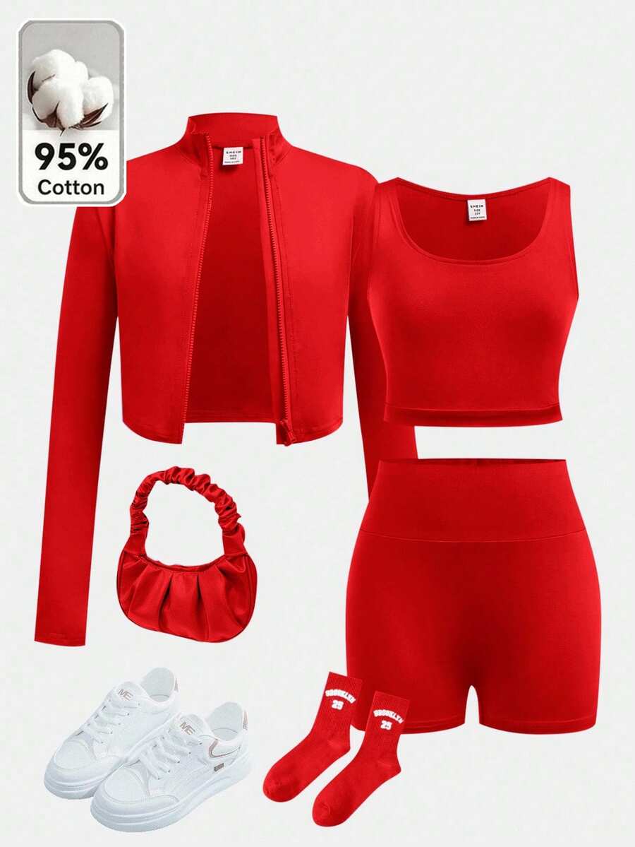 SHEIN طقم رياضي من 3 قطع للبنات المراهقات: كارديجان محبوك بلون موحد وياقة واقفة، توب بدون أكمام وشورت - متعدد الألوان - مشاهدة 1