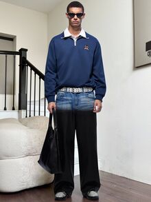 Manfinity KASUA 男士街頭風休閒噴漆黑藍牛仔長褲 - 藍黑色 - 查看 6
