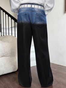 Manfinity KASUA 男士街頭風休閒噴漆黑藍牛仔長褲 - 藍黑色 - 查看 3