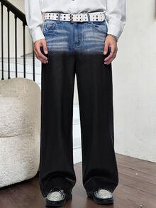Manfinity KASUA 男士街頭風休閒噴漆黑藍牛仔長褲 - 藍黑色 - 查看 4