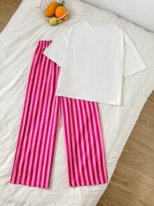 SHEIN Girlism 兒童青少年女孩字母印花圓領短袖T恤與條紋拼接抽繩腰口袋長褲2件套，節慶穿搭，萬聖節，開學季，秋冬 - 紅色 - 查看 2