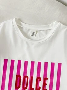 SHEIN Girlism 兒童青少年女孩字母印花圓領短袖T恤與條紋拼接抽繩腰口袋長褲2件套，節慶穿搭，萬聖節，開學季，秋冬 - 紅色 - 查看 3
