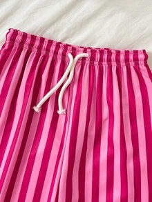 SHEIN Girlism 兒童青少年女孩字母印花圓領短袖T恤與條紋拼接抽繩腰口袋長褲2件套，節慶穿搭，萬聖節，開學季，秋冬 - 紅色 - 查看 4