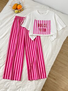 SHEIN Girlism 兒童青少年女孩字母印花圓領短袖T恤與條紋拼接抽繩腰口袋長褲2件套，節慶穿搭，萬聖節，開學季，秋冬 - 紅色 - 查看 6