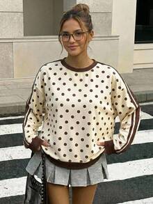 SHEIN Tween Girl Tween Girl Tween Girl Tween Girls /Autumn Casual 80 Brown And Cream Loose Sweatshirt School/Fall,Y2k,Halloween,Winter Brown And Cream/School - Apricot - View 2