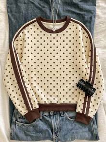 SHEIN Tween Girl Tween Girl Tween Girl Tween Girls /Autumn Casual 80 Brown And Cream Loose Sweatshirt School/Fall,Y2k,Halloween,Winter Brown And Cream/School - Apricot - View 3