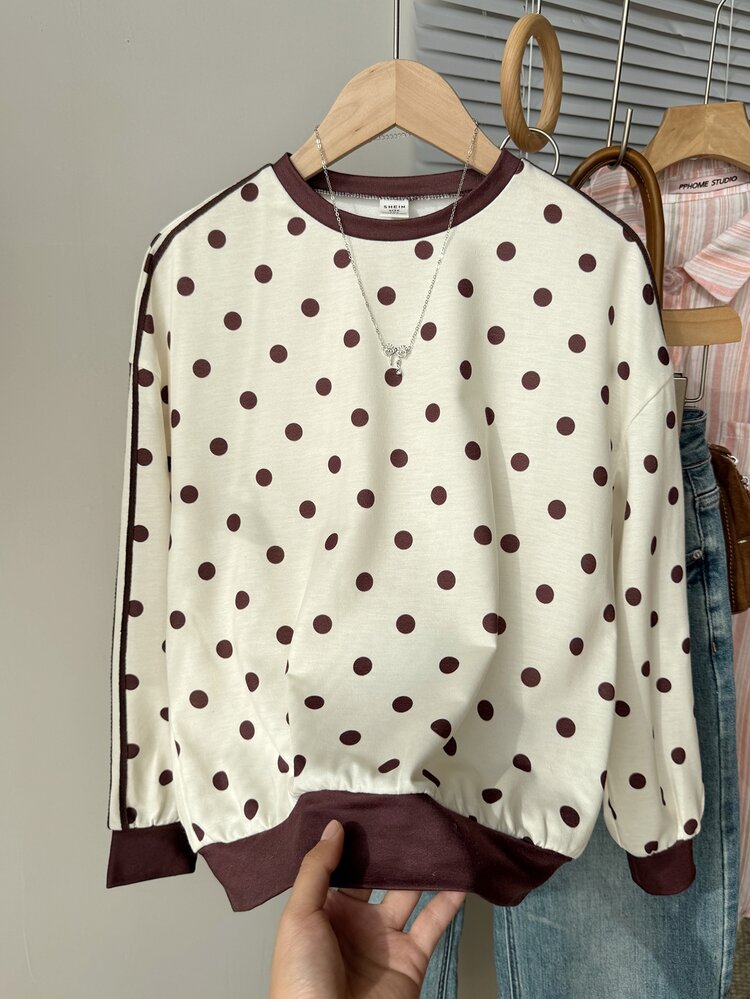 SHEIN Tween Girl Tween Girl Tween Girls Spring/Autumn Casual 80s Brown And Cream Loose Sweatshirt School/Fall,Y2k,Halloween,Winter Brown And Cream/School - Apricot - View 6
