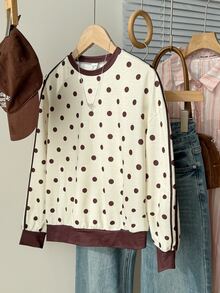 SHEIN Tween Girl Tween Girl Tween Girl Tween Girls /Autumn Casual 80 Brown And Cream Loose Sweatshirt School/Fall,Y2k,Halloween,Winter Brown And Cream/School - Apricot - View 7