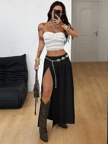 Coolane Summer Outfits For Women Streetwear Going Out Concert Rave Festival Lace Side Slit Textured Pleated Black Skirt For Vacation Western Wear - Black - View 5