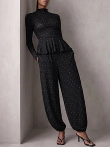 Rouah Womens Autumn Polka Dot Turtle Neck Peplum Top With Elasticated Balloon Trousers - Women's 2 Pieces Set, Autumn 2 Piece Set, Fall 2 Piece Set, Polka Dot Set For Fall - Black and White - View 3