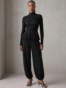 Rouah Womens Autumn Polka Dot Turtle Neck Peplum Top With Elasticated Balloon Trousers - Women's 2 Pieces Set, Autumn 2 Piece Set, Fall 2 Piece Set, Polka Dot Set For Fall - Black and White - View 1