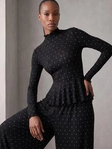 Rouah Womens Autumn Polka Dot Turtle Neck Peplum Top With Elasticated Balloon Trousers - Women's 2 Pieces Set, Autumn 2 Piece Set, Fall 2 Piece Set, Polka Dot Set For Fall - Black and White - View 4