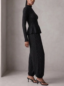 Rouah Womens Autumn Polka Dot Turtle Neck Peplum Top With Elasticated Balloon Trousers - Women's 2 Pieces Set, Autumn 2 Piece Set, Fall 2 Piece Set, Polka Dot Set For Fall - Black and White - View 6