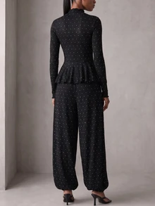 Rouah Womens Autumn Polka Dot Turtle Neck Peplum Top With Elasticated Balloon Trousers - Women's 2 Pieces Set, Autumn 2 Piece Set, Fall 2 Piece Set, Polka Dot Set For Fall - Black and White - View 2