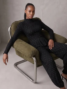 Rouah Womens Autumn Polka Dot Turtle Neck Peplum Top With Elasticated Balloon Trousers - Women's 2 Pieces Set, Autumn 2 Piece Set, Fall 2 Piece Set, Polka Dot Set For Fall - Black and White - View 8