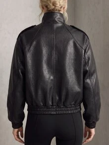 Rouah Womens Textured Premium PU Raglan Bomber Jacket - Premium Jacket, Autumn Outerwear, Fall Outerwear, Layering Jacket For Winter - Black - View 2