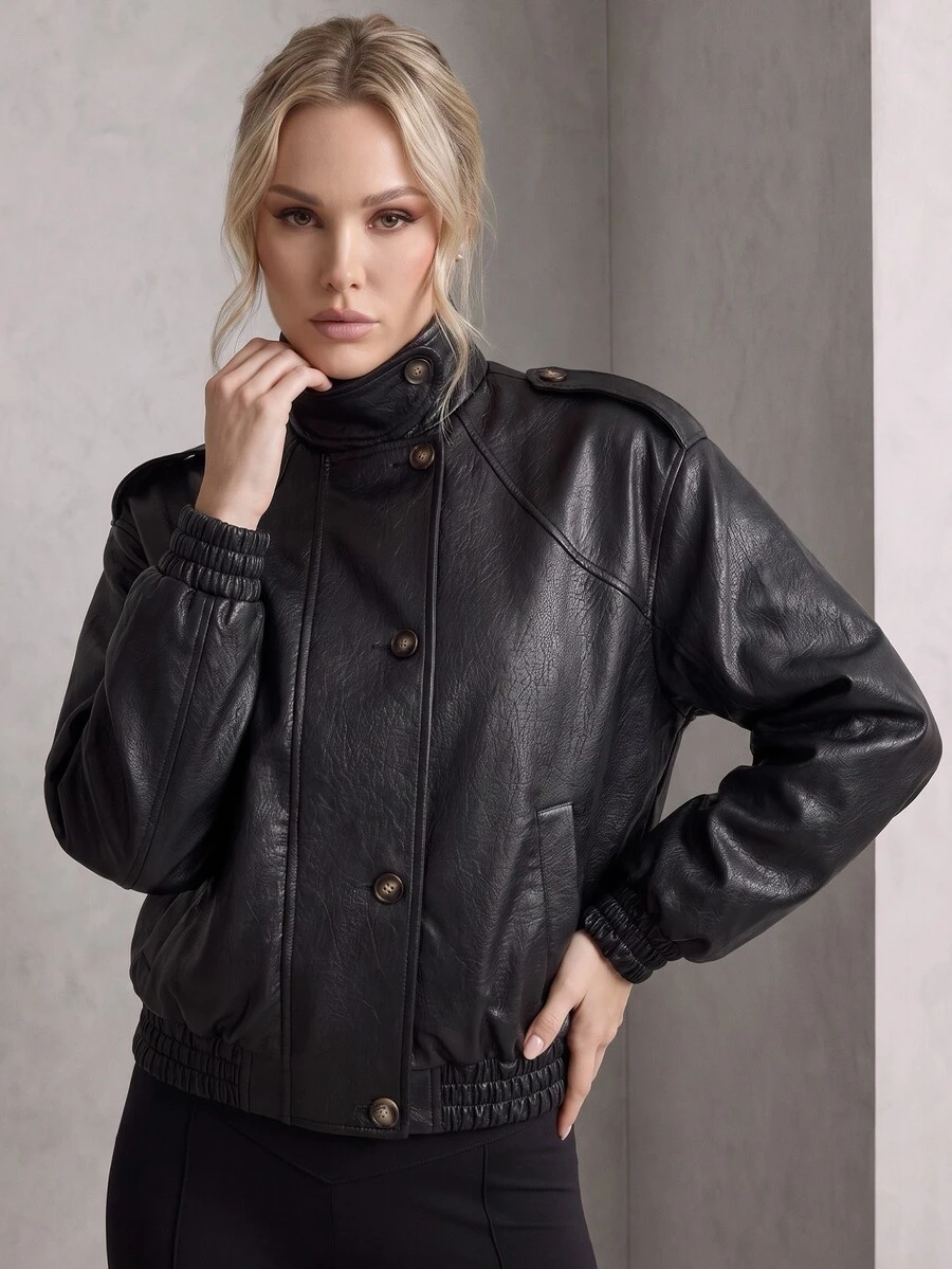 Rouah Womens Textured Premium PU Raglan Bomber Jacket - Premium Jacket, Autumn Outerwear, Fall Outerwear, Layering Jacket For Winter - Black - View 1