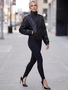 Rouah Womens Textured Premium PU Raglan Bomber Jacket - Premium Jacket, Autumn Outerwear, Fall Outerwear, Layering Jacket For Winter - Black - View 7