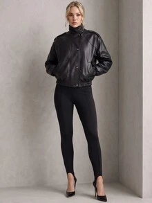 Rouah Womens Textured Premium PU Raglan Bomber Jacket - Premium Jacket, Autumn Outerwear, Fall Outerwear, Layering Jacket For Winter - Black - View 3