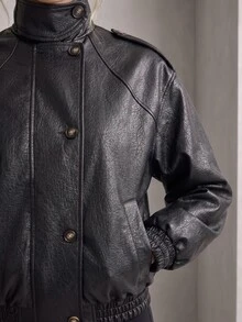 Rouah Womens Textured Premium PU Raglan Bomber Jacket - Premium Jacket, Autumn Outerwear, Fall Outerwear, Layering Jacket For Winter - Black - View 5