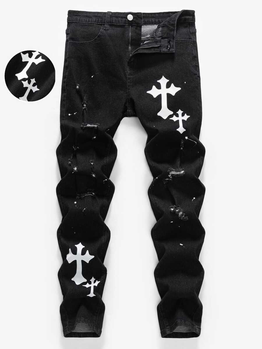 SHEIN 青少年男孩 Bolty 时尚休闲 Y2k 复古酷炫街头镂空破洞磨边 Vogue 街头白色十字图案黑色牛仔破洞弹力紧身牛仔裤日常穿着以及秋冬季节锐舞音乐节和街头服饰 - 黑色 - 查看 1