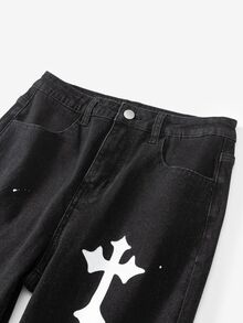 SHEIN 青少年男孩 Bolty 时尚休闲 Y2k 复古酷炫街头镂空破洞磨边 Vogue 街头白色十字图案黑色牛仔破洞弹力紧身牛仔裤日常穿着以及秋冬季节锐舞音乐节和街头服饰 - 黑色 - 查看 3
