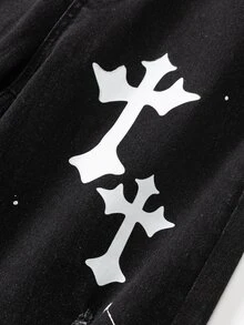 SHEIN 青少年男孩 Bolty 时尚休闲 Y2k 复古酷炫街头镂空破洞磨边 Vogue 街头白色十字图案黑色牛仔破洞弹力紧身牛仔裤日常穿着以及秋冬季节锐舞音乐节和街头服饰 - 黑色 - 查看 4