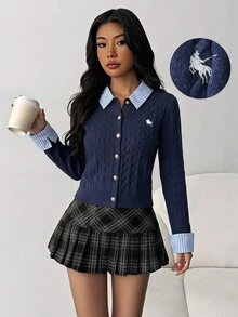 SHEIN 青少年女孩秋冬休閒優雅復古學院風翻領 2 合 1 拼接針織提花金屬鈕扣開襟外套，年輕時尚穿搭，適合返校季、秋冬街頭穿搭、日常穿著，海軍藍針織開襟外套 - 藏蓝色 - 查看 3